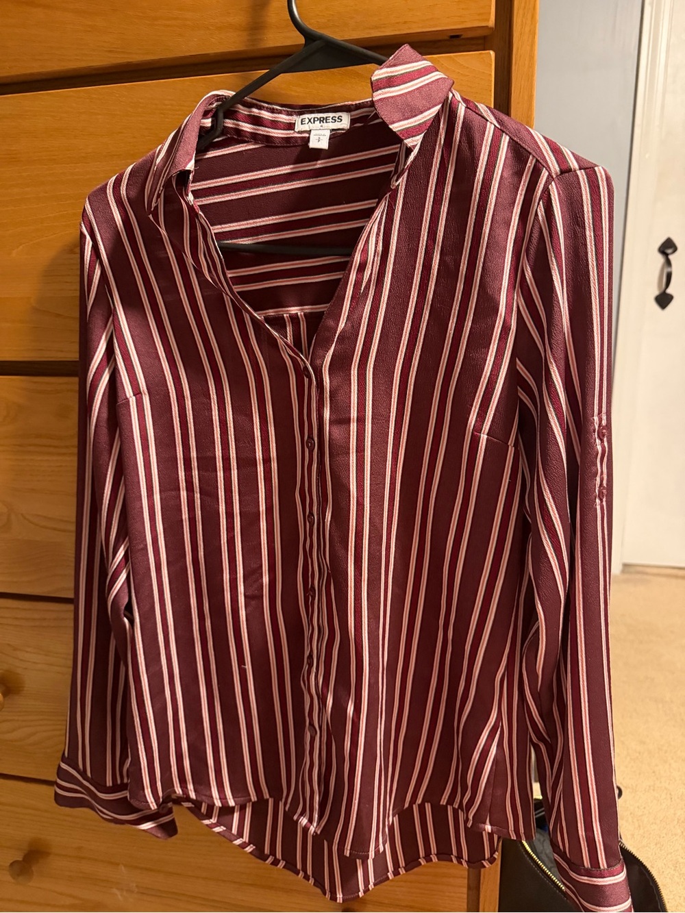 Express Women's Burgundy and White Striped Button-Down Shirt